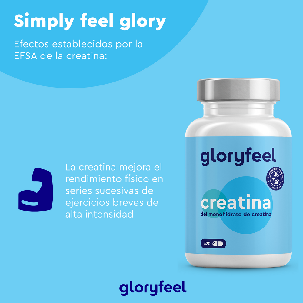 Anuncio azul para el suplemento deportivo de Gloryfeel GmbH, destacando en español cómo la Creatina - del monohidrato de creatina mejora el rendimiento físico. La imagen presenta su envase, resaltando su potencial para maximizar su entrenamiento.