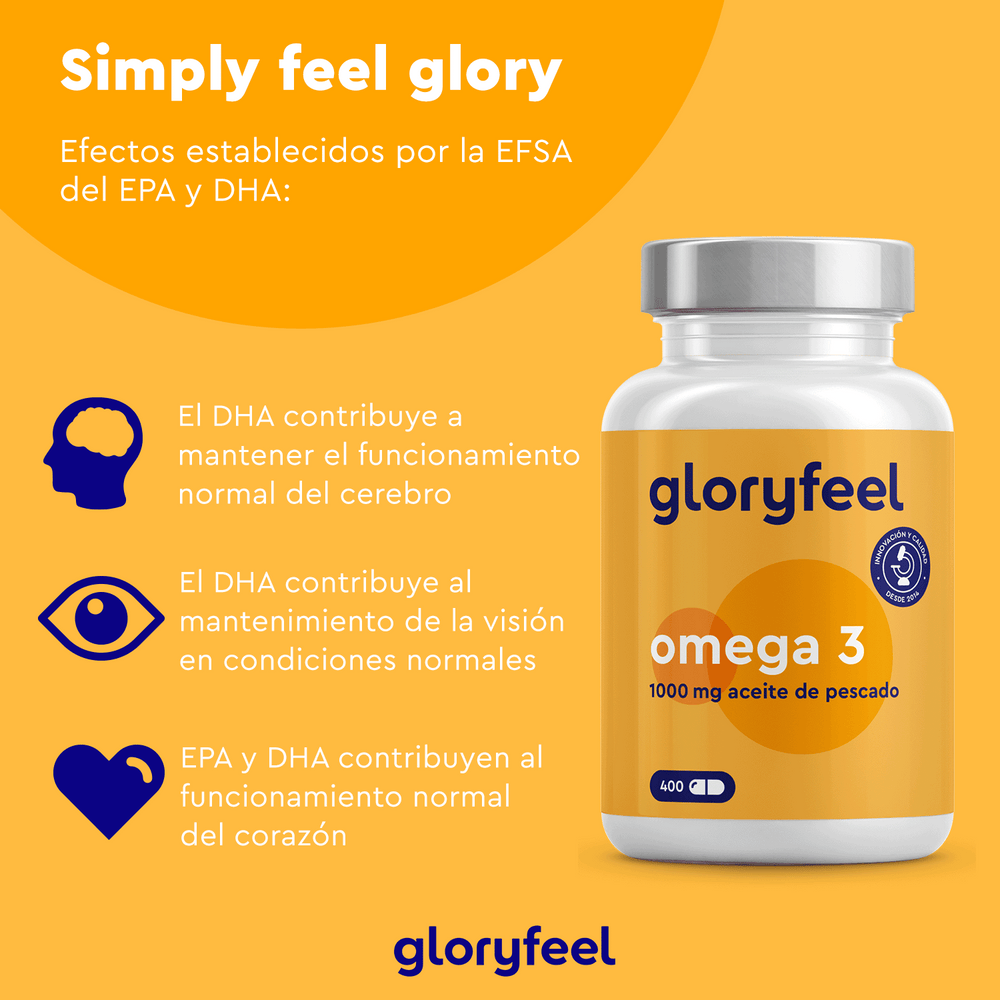 El frasco de GloryFeel GmbH España Omega 3 en cápsulas destaca en español los beneficios de los ácidos grasos DHA para la salud del cerebro, la visión y el corazón.
