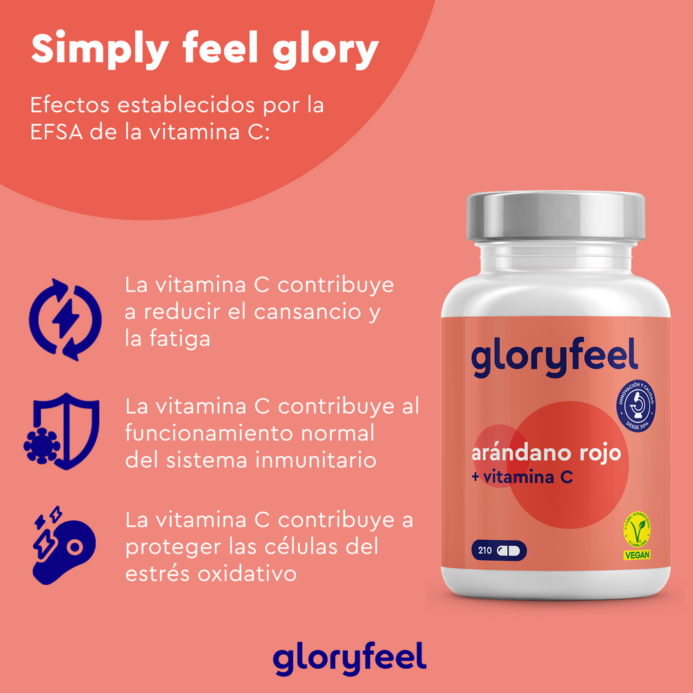 Gloryfeel GmbH Arándano Rojo + Vitamina C ofrece reducción de fatiga, soporte al sistema inmune y protección antioxidante. Vegano y útil para prevenir infecciones urinarias.