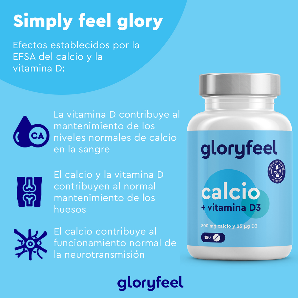 Una botella de &quot;Calcio + Vitamina D3&quot; de Gloryfeel GmbH reposa sobre un fondo azul, resaltando sus beneficios para mantener los niveles de calcio en sangre, favorecer la salud ósea y ayudar en la neurotransmisión.