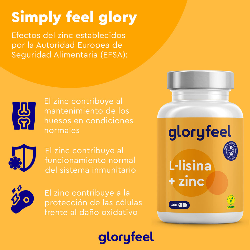 La imagen muestra un suplemento &quot;L-Lisina con zinc&quot; de Gloryfeel GmbH, enfatizando los beneficios del zinc y la L-lisina para la salud ósea y el apoyo inmunológico contra un fondo naranja vibrante que resalta estos beneficios en español.