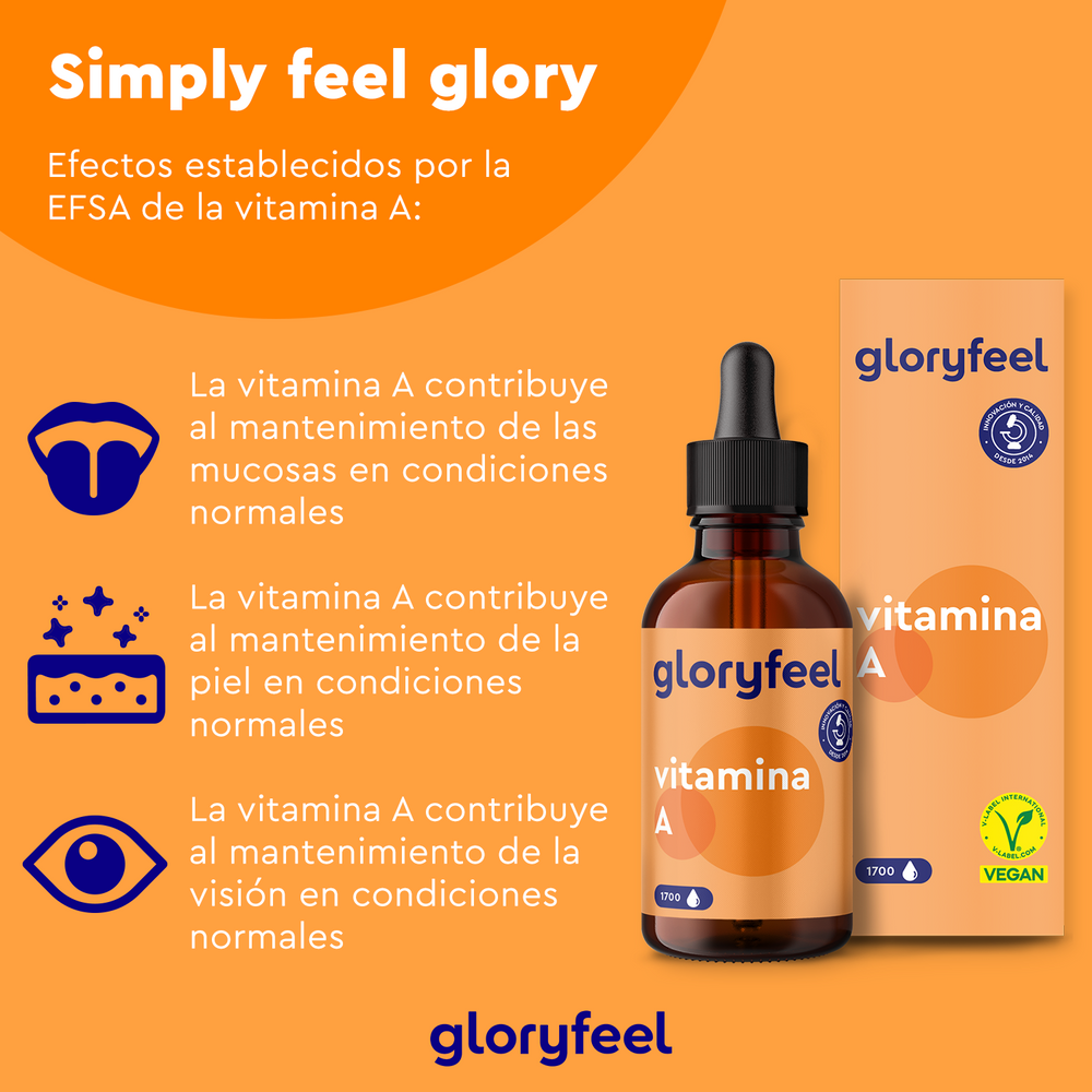 Anuncio naranja de Vitamina A en gotas de GloryFeel GmbH España, con palmitato de retinilo. Destaca sus beneficios para las mucosas, la piel y la visión en condiciones normales, con una imagen del envase y la caja.