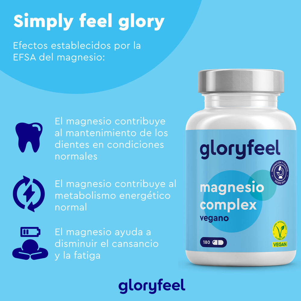 Descubra el Complejo de Magnesio GloryFeel GmbH en una atractiva botella azul. Favorece la salud dental, estimula el metabolismo energético y reduce el cansancio gracias a su rápida absorción, todo en español. Mejore su rutina de bienestar con un apoyo mejorado para el sistema nervioso.