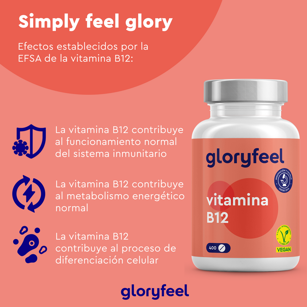 La botella del suplemento Vitamina B12 Metilcobalamina de GloryFeel GmbH Spain presenta texto en español que destaca sus beneficios: función inmunológica, metabolismo energético y diferenciación celular. Incluye una etiqueta vegana para vegetarianos y veganos y contiene metilcobalamina para máxima eficacia.