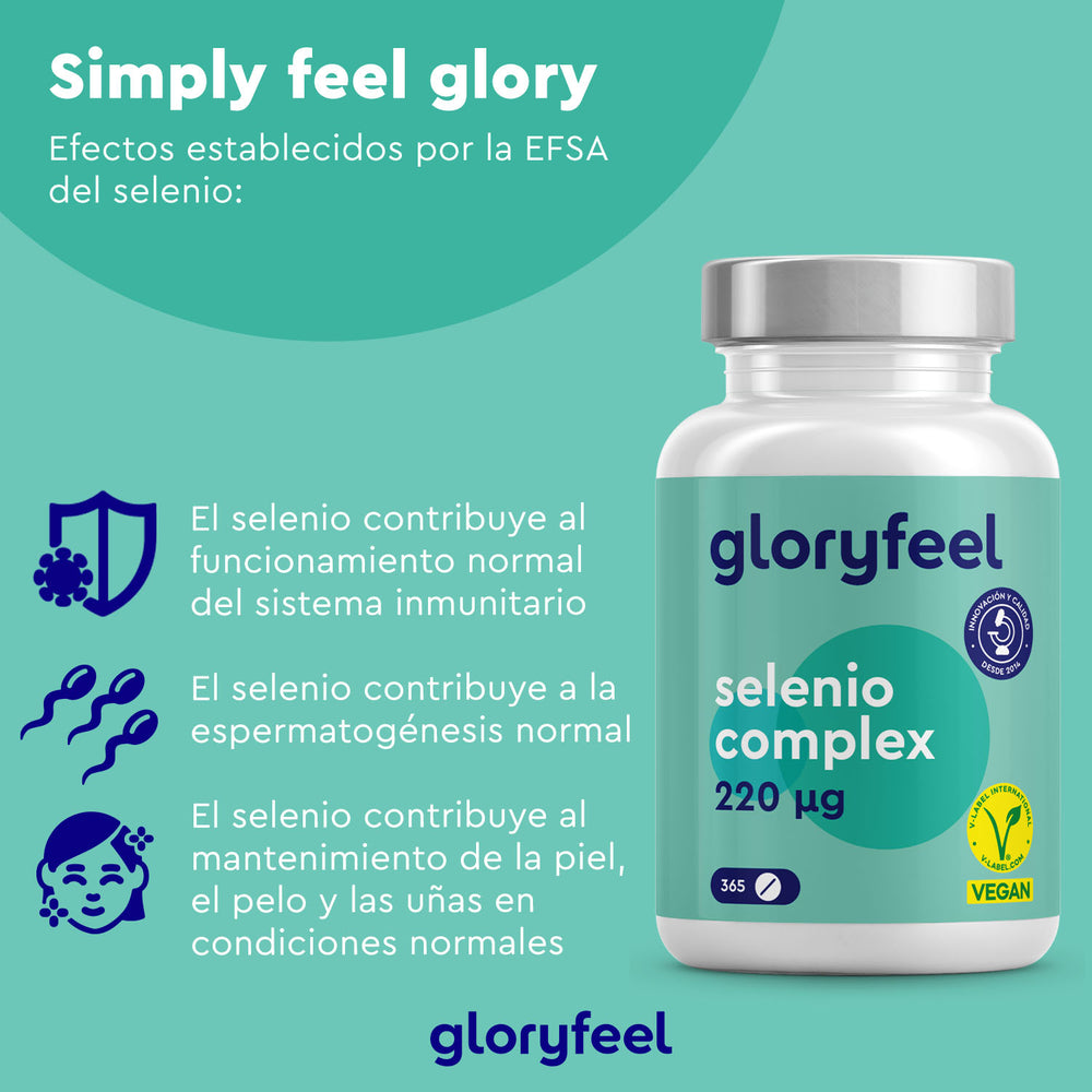 Un frasco de &quot;Selenio 220 mcg en tabletas&quot; de GloryFeel GmbH España se presenta sobre un fondo verde, con un texto en español que promociona sus beneficios, como el apoyo al sistema inmunitario y el mantenimiento de una piel, cabello y uñas saludables. Este oligoelemento esencial es la clave del bienestar.