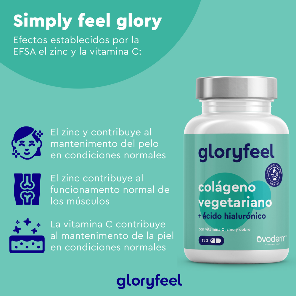 El Colágeno Vegetariano de Gloryfeel GmbH incluye zinc y vitamina C, destacados por sus beneficios de alta calidad para el cabello, la piel y los músculos, acompañados de ilustraciones sencillas.
