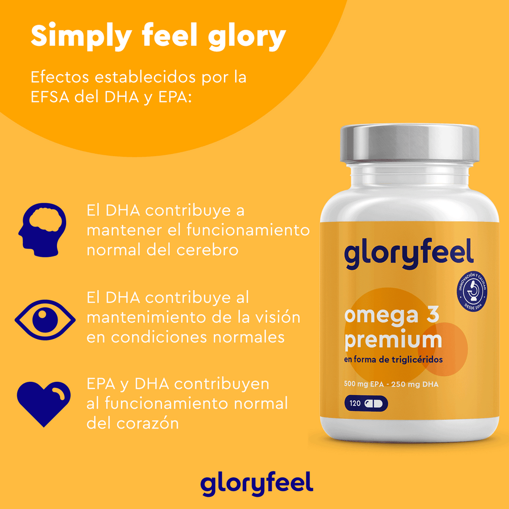 La botella de Omega 3 en forma de triglicéridos de GloryFeel GmbH España presenta iconos y texto en español que resaltan los beneficios del DHA y el EPA para la salud del cerebro, la visión y el corazón.