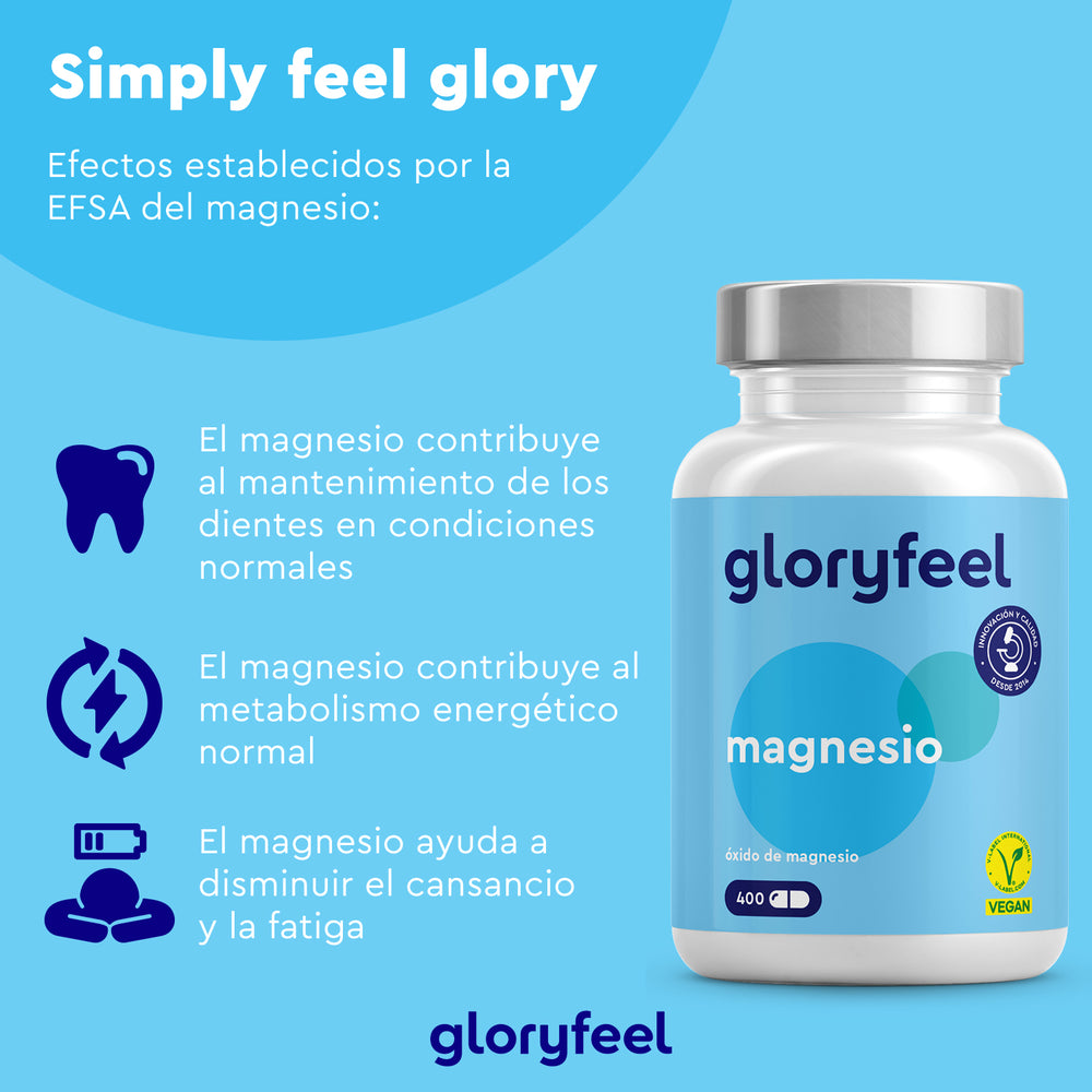 Imagen del frasco de Magnesio en cápsulas de Gloryfeel GmbH con iconos para el cuidado dental, el metabolismo energético y la reducción del cansancio. Contiene 400 mg de óxido de magnesio, vegano. Ideal para apoyar la salud ósea. Texto en español.