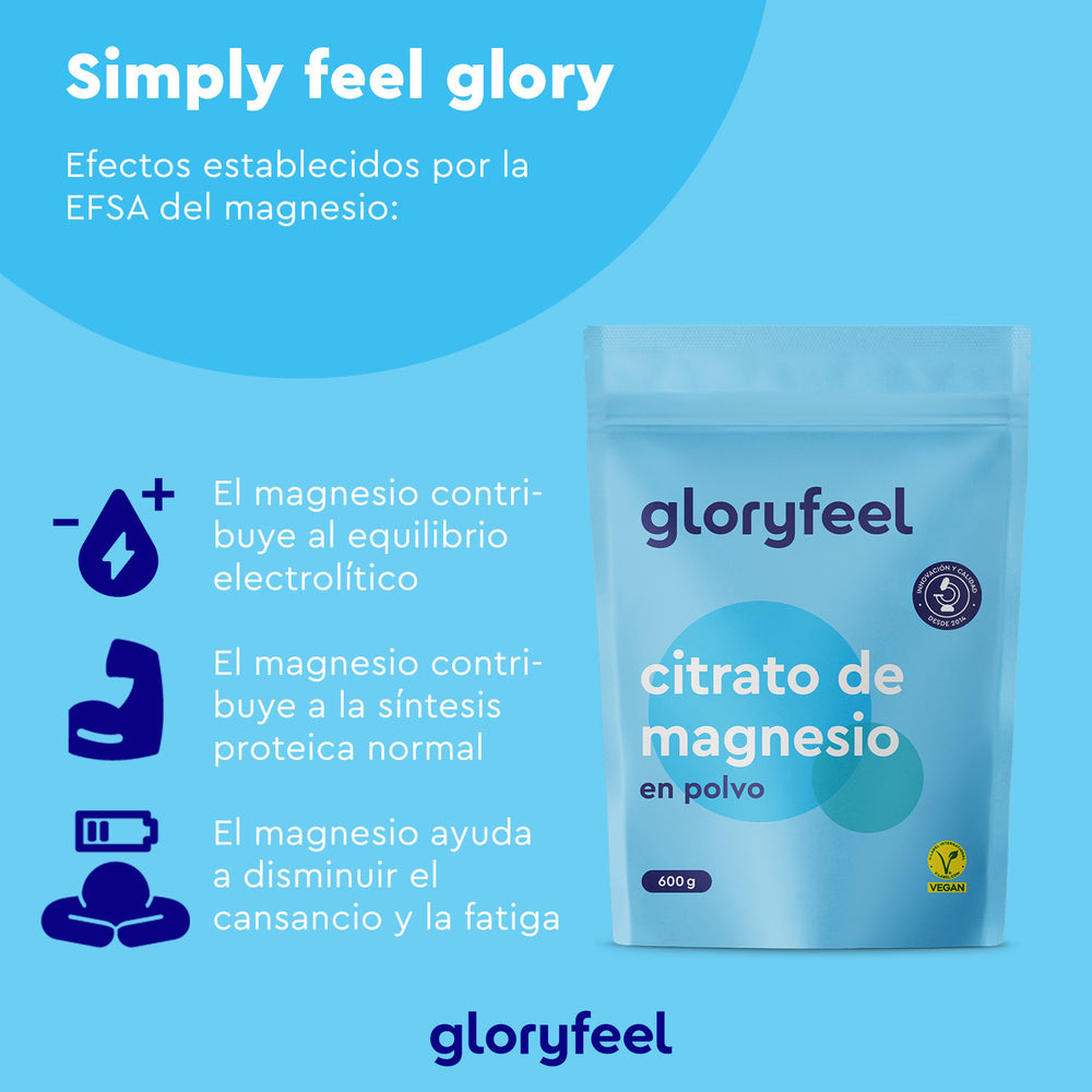 El envase de &quot;Magnesio en polvo&quot; de gloryfeel GmbH España destaca los beneficios del magnesio, como el equilibrio electrolítico, la síntesis proteica y la reducción de la fatiga. Incluye etiqueta vegana.