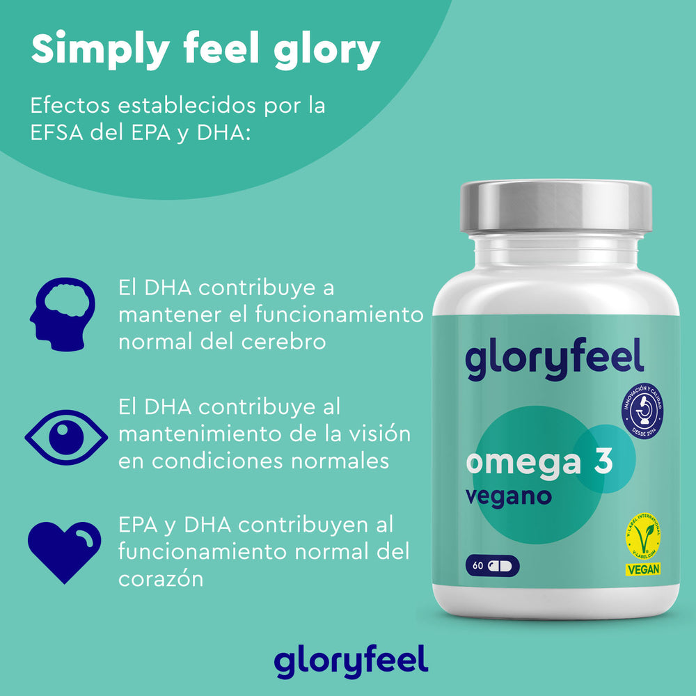 La imagen muestra un frasco del suplemento &quot;Omega 3 Vegano en cápsulas&quot; de GloryFeel GmbH España, que destaca los beneficios del DHA y el EPA para la salud cerebral, visual y cardíaca. Fondo verde con iconos y logotipos de certificación.