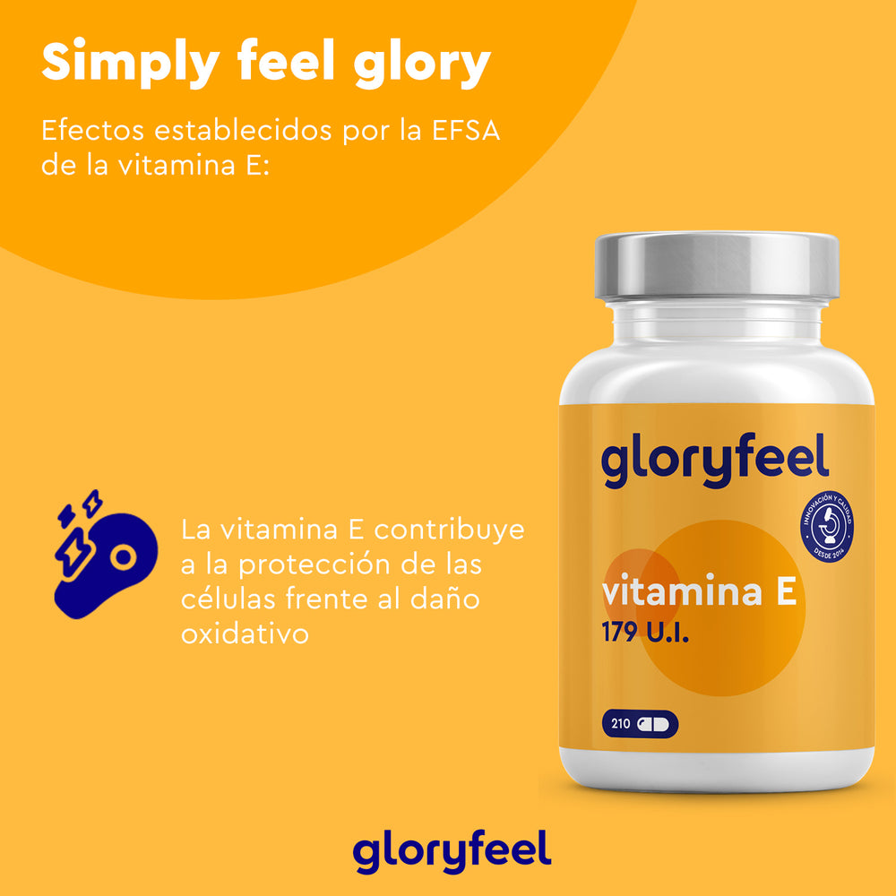 Imagen de un frasco de vitamina E de 179 UI de GloryFeel GmbH España. El texto en español destaca sus potentes antioxidantes que protegen las células del daño oxidativo.