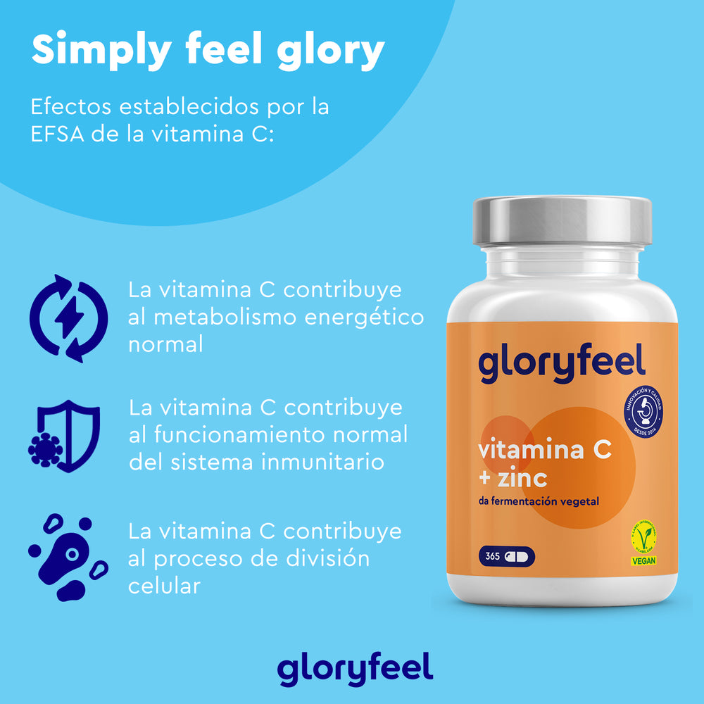 Imagen promocional del frasco de Vitamina C + Zinc de GloryFeel GmbH España, que destaca sus beneficios: metabolismo energético, refuerzo del sistema inmunitario con mejora del sistema inmunológico y división celular. Producto vegano presentado con iconos y texto en español.