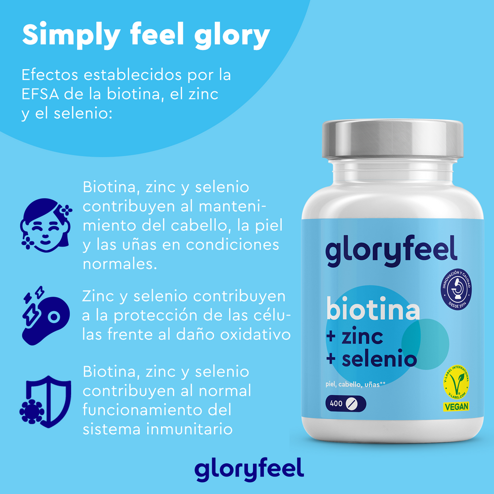El envase de &quot;Biotina en tabletas&quot; de GloryFeel GmbH España presenta un logotipo vegano y destaca sus beneficios para el cabello, la piel, las uñas y el sistema inmunitario. Ideal para quienes buscan suplementos alimenticios eficaces.
