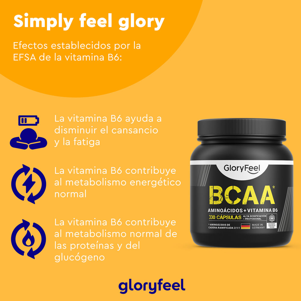 Se muestra un frasco de BCAA en cápsulas de GloryFeel GmbH España, destacando beneficios como la reducción de la fatiga, el apoyo al metabolismo energético y la ayuda al metabolismo normal del glucógeno con aminoácidos esenciales como la leucina, además de vitamina B6 añadida.