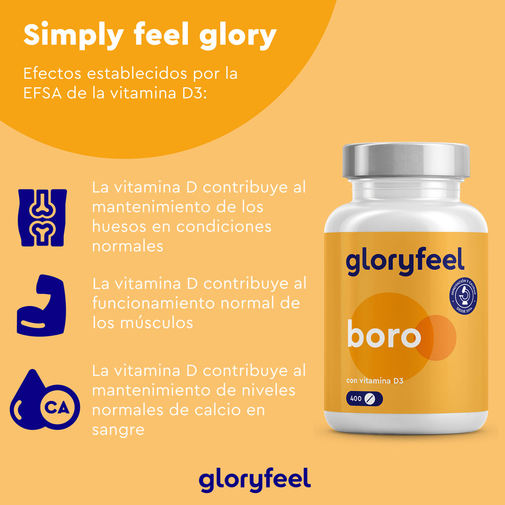 Imagen del producto &quot;Boro con Vitamina D3&quot; de Gloryfeel GmbH sobre un fondo naranja, resaltando los beneficios de la vitamina D3 para el mantenimiento de los huesos, los músculos y el calcio.