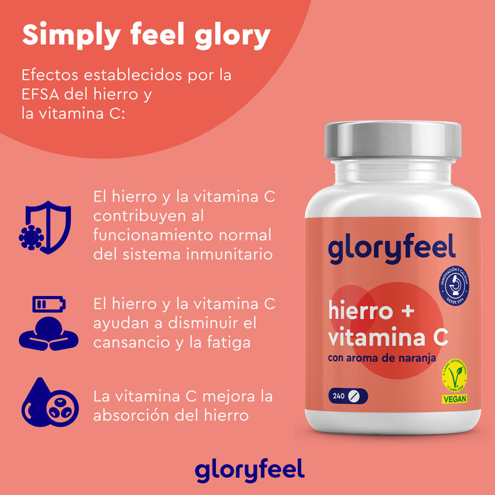 Una botella de &quot;Hierro + Vitamina C natural&quot; de GloryFeel GmbH España se encuentra sobre un fondo gráfico que resalta en español los beneficios de estos potentes complementos alimenticios para mejorar la inmunidad, reducir la fatiga y mejorar la absorción de hierro.