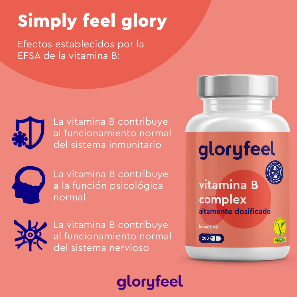 La Vitamina B Complex Forte de GloryFeel GmbH Spain apoya el sistema inmunológico, psicológico y nervioso, además de contribuir al metabolismo eficiente.