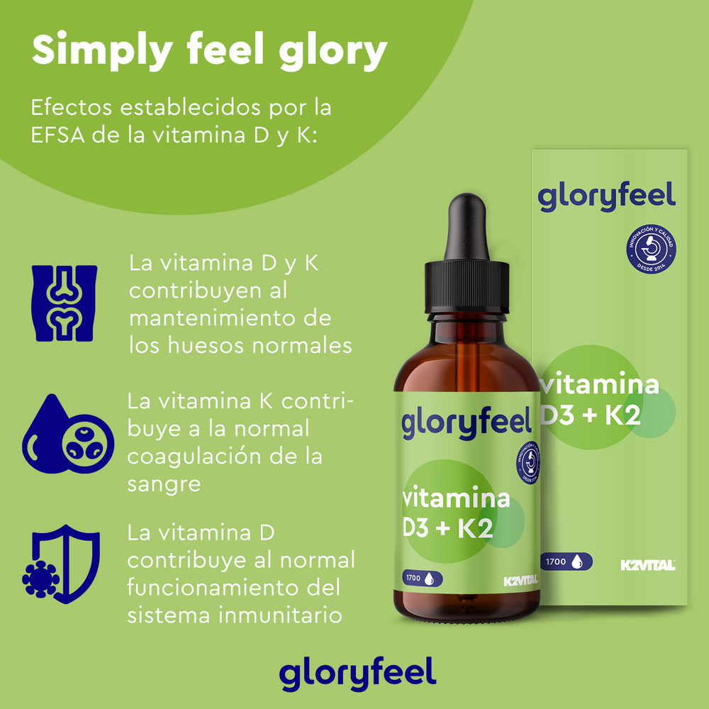 Una botella y una caja de GloryFeel GmbH España Vitamina D3 / K2 en gotas con iconos y texto en español que resaltan los beneficios para la salud, incluido el apoyo al sistema inmunológico, sobre un fondo verde vibrante.