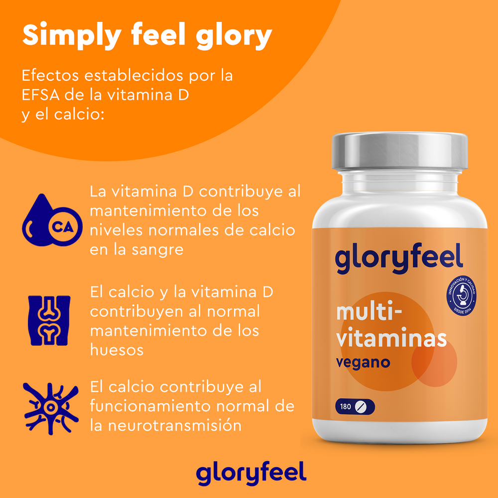 Una imagen naranja y blanca promociona las multivitaminas veganas en tabletas de GloryFeel GmbH, destacando los beneficios de vitamina D y calcio, junto con antioxidantes esenciales, todo en español.