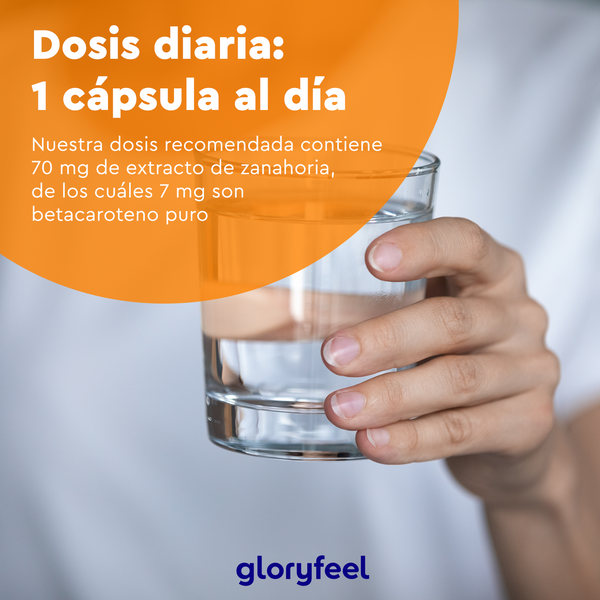 Una mano sostiene un vaso de agua frente al texto en español sobre una dosis diaria de cápsula de extracto de zanahoria con 7 mg de betacaroteno puro, esencial para los carotenoides que se transforman en vitamina A. Marca &quot;Gloryfeel GmbH&quot; al fondo y un círculo naranja en la esquina superior izquierda.