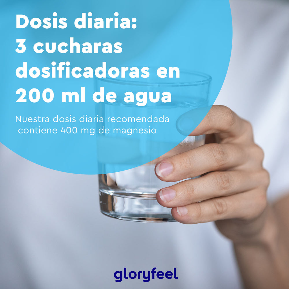 Una mano sosteniendo un vaso de agua transparente con texto azul que indica una dosis de 3 cucharadas en 200 ml, que contienen 400 mg de magnesio, de gloryfeel GmbH Magnesio en polvo de España.