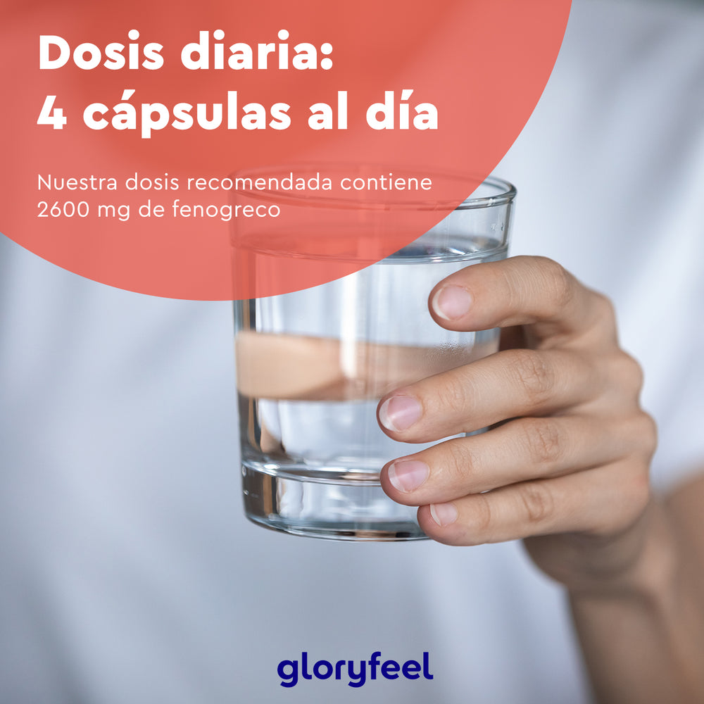 Una mano sostiene un vaso de agua. Texto superpuesto: &quot;Dosis diaria: 4 cápsulas, 2.600 mg de Fenogreco&quot;. Parte inferior: logotipo de gloryfeel GmbH. Nombre del producto mostrado como Fenogreco 2.600 mg.