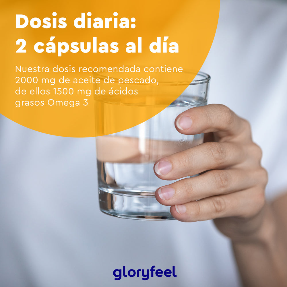 Primer plano de una persona sosteniendo un vaso de agua, con el texto que promociona una dosis diaria de dos cápsulas de Omega 3 - 2000 mg de aceite de pescado. Logotipo de Gloryfeel GmbH en la parte inferior.