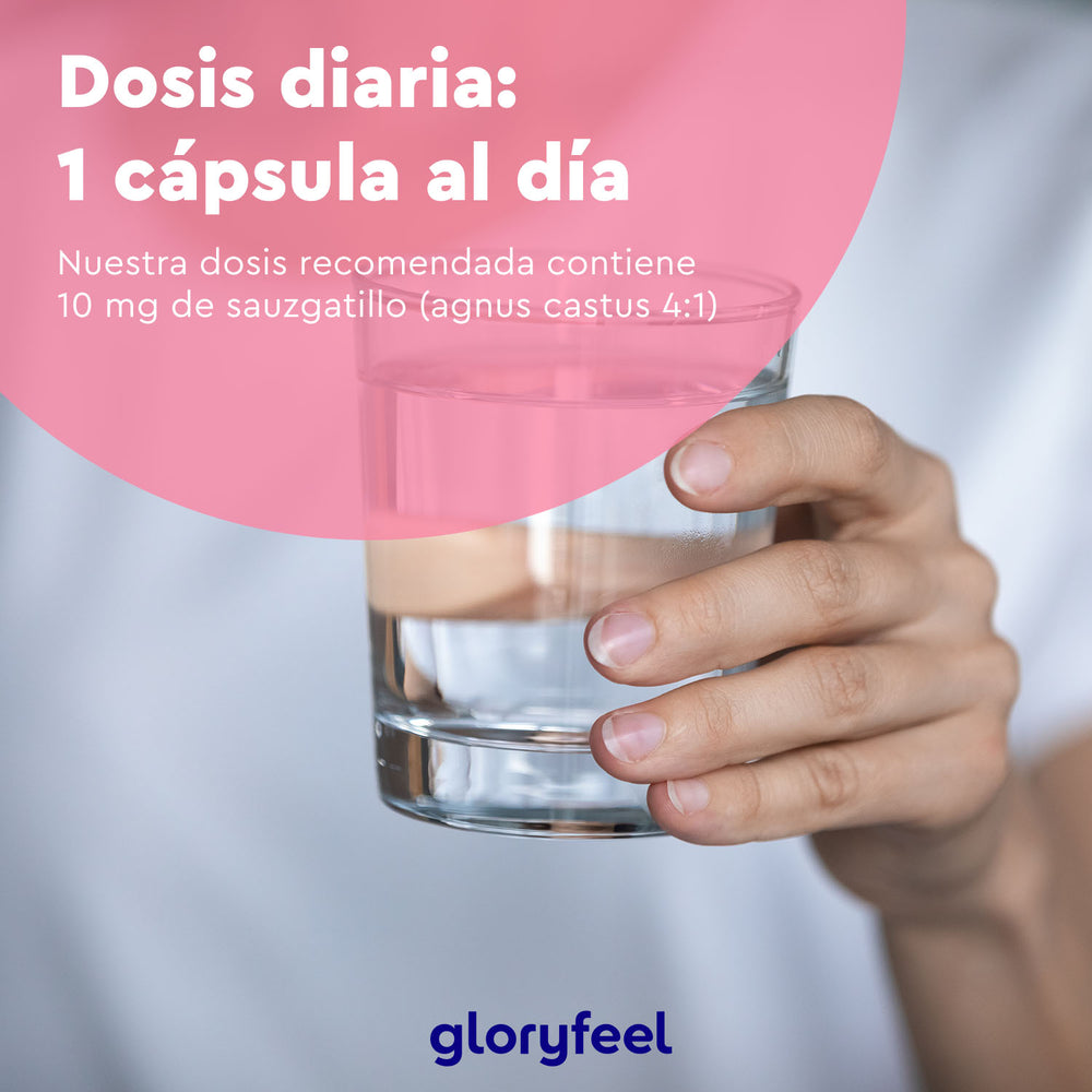 Mano sosteniendo un vaso de agua con texto superpuesto: «Dosis diaria: 1 cápsula. Nuestra dosis recomendada contiene 10 mg de sauzgatillo, ideal para el equilibrio hormonal femenino». Sauzgatillo en cápsulas de GloryFeel GmbH, España.