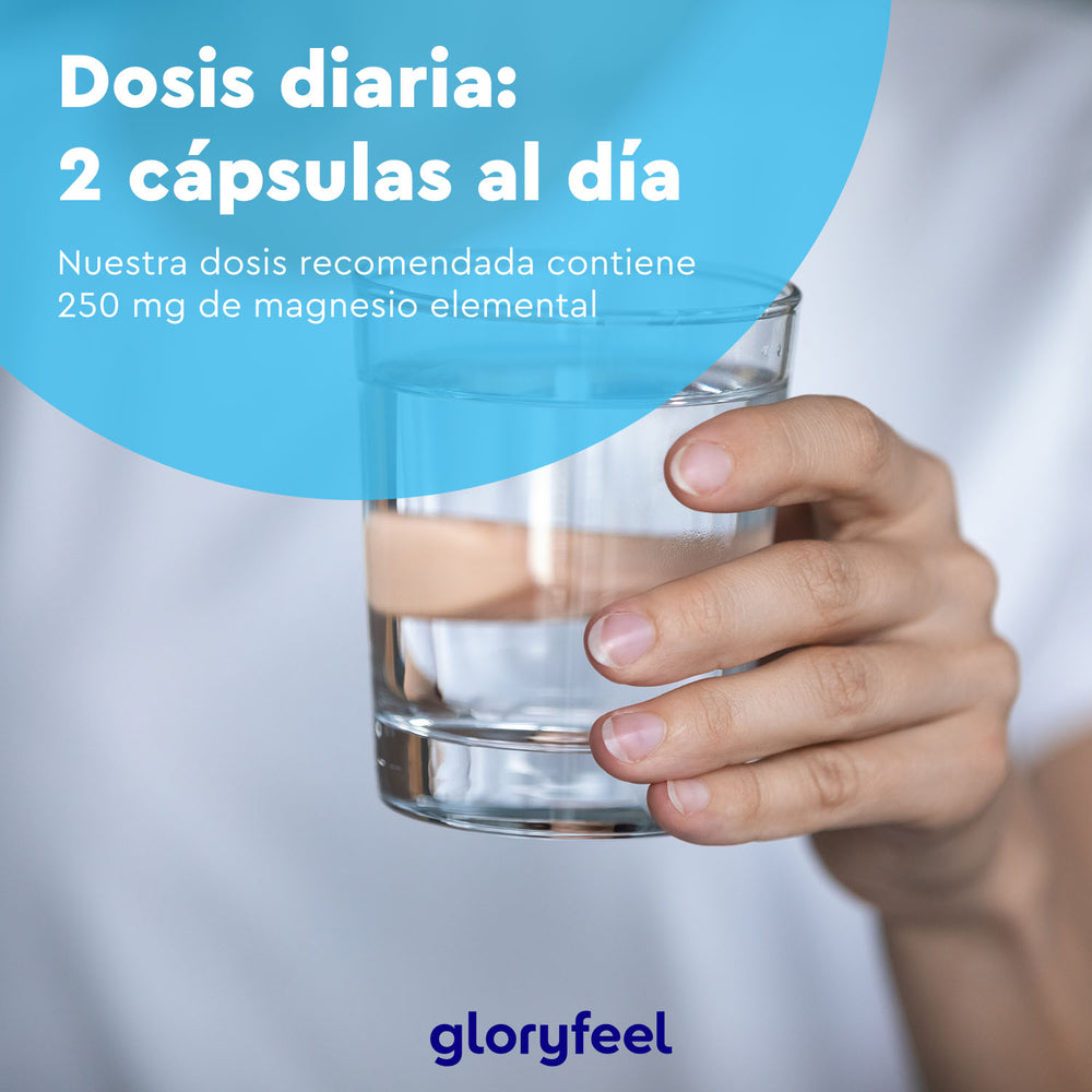 Una mano sostiene un vaso de agua con un texto en español sobre la dosis diaria de dos cápsulas de complejo de magnesio de 250 mg, de rápida absorción. El logotipo de &quot;Gloryfeel GmbH&quot; aparece en la parte inferior.
