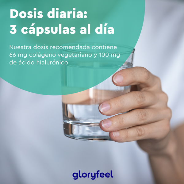Una mano sostiene un vaso de agua junto a un texto sobre Colágeno Vegetariano de gloryfeel GmbH, un suplemento con ácido hialurónico, que recomienda tres cápsulas diarias y está elaborado con ingredientes de alta calidad.