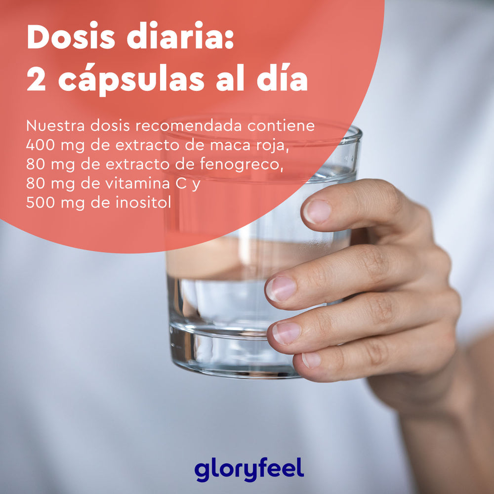 Una mano sosteniendo un vaso de agua con texto superpuesto en español sugiere tomar dos cápsulas diarias de &quot;Female Fire: con Maca Roja&quot;. El logotipo de la marca &quot;GloryFeel GmbH España&quot; aparece en la parte inferior.
