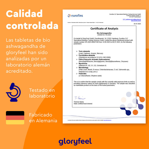 El Certificado de Análisis de Eurofins para &quot;Ashwagandha ecológica en cápsulas&quot; de GloryFeel destaca la adhesión a las tradiciones ayurvédicas y un riguroso control de calidad. Probadas y fabricadas en Alemania, siguen los principios de la agricultura ecológica para garantizar una pureza excepcional.