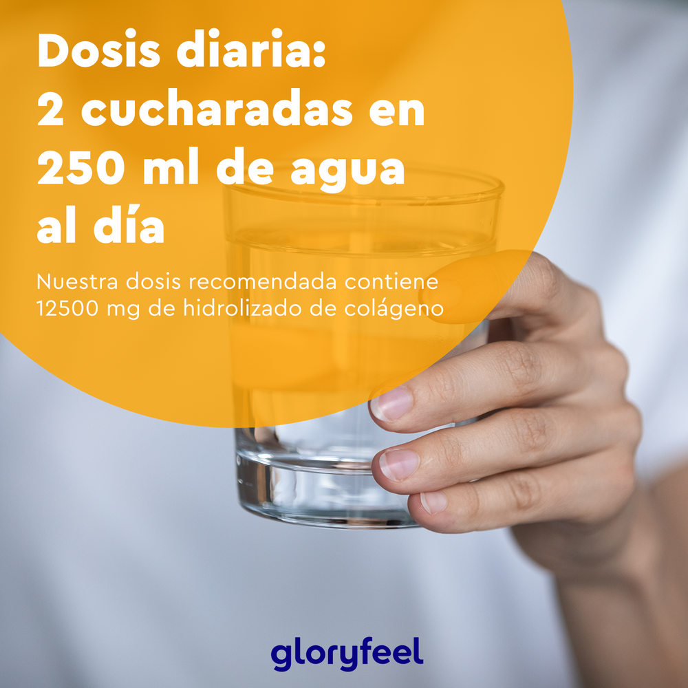 Una mano con un vaso de agua y una superposición de un círculo naranja muestra el texto en español de Colágeno en polvo 500g - Tropical time - Sabor a frutas tropicales de GloryFeel GmbH: dosis diaria de 2 cucharadas en 250 ml de agua, con 12500 mg de hidrolizado de colágeno y vitamina C.