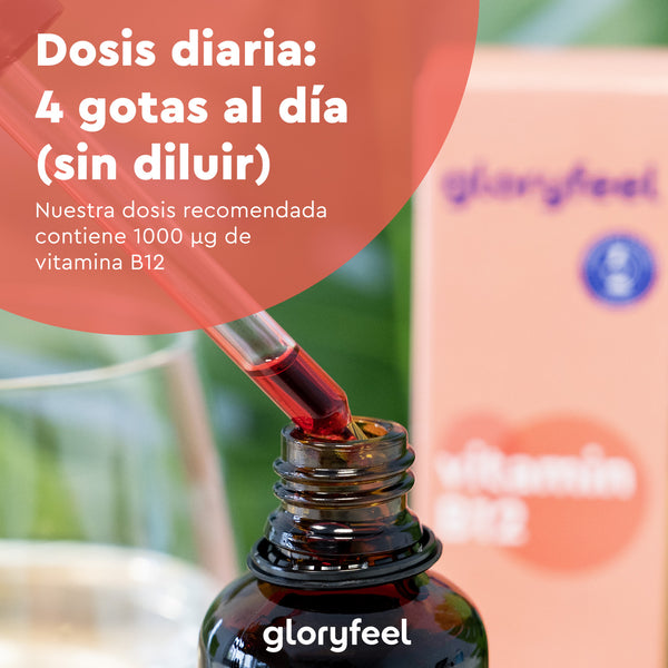 La imagen de primer plano muestra un gotero con líquido rojo sobre una botella etiquetada Vitamina B12 en Gotas de GloryFeel GmbH, que muestra el texto: &quot;Dosis diaria: 4 gotas al día (sin diluir)&quot;, ideal para veganos y vegetarianos.