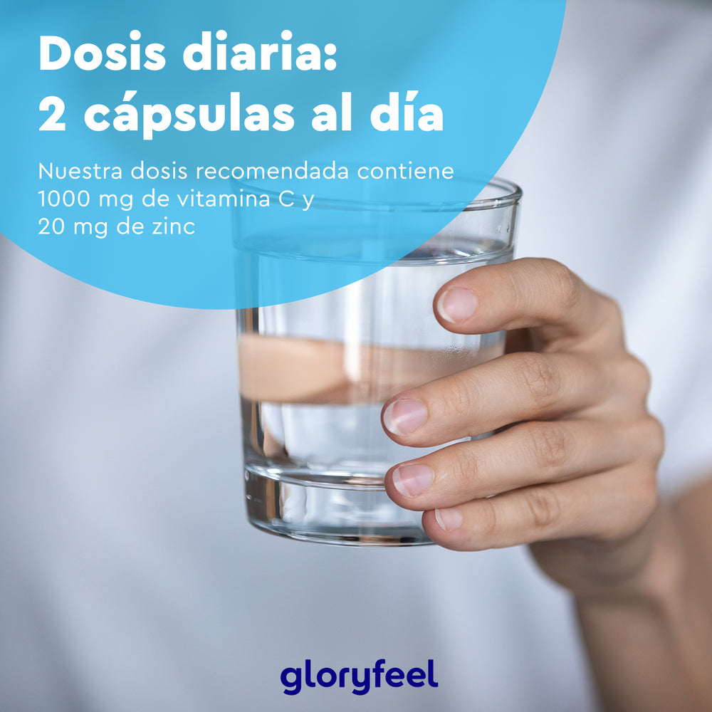Una mano sostiene un vaso de agua con una lámina circular azul que muestra las instrucciones de dosificación en español para las cápsulas de vitamina C + zinc, que refuerzan el sistema inmunitario. La marca GloryFeel GmbH España se muestra elegantemente en la parte inferior.