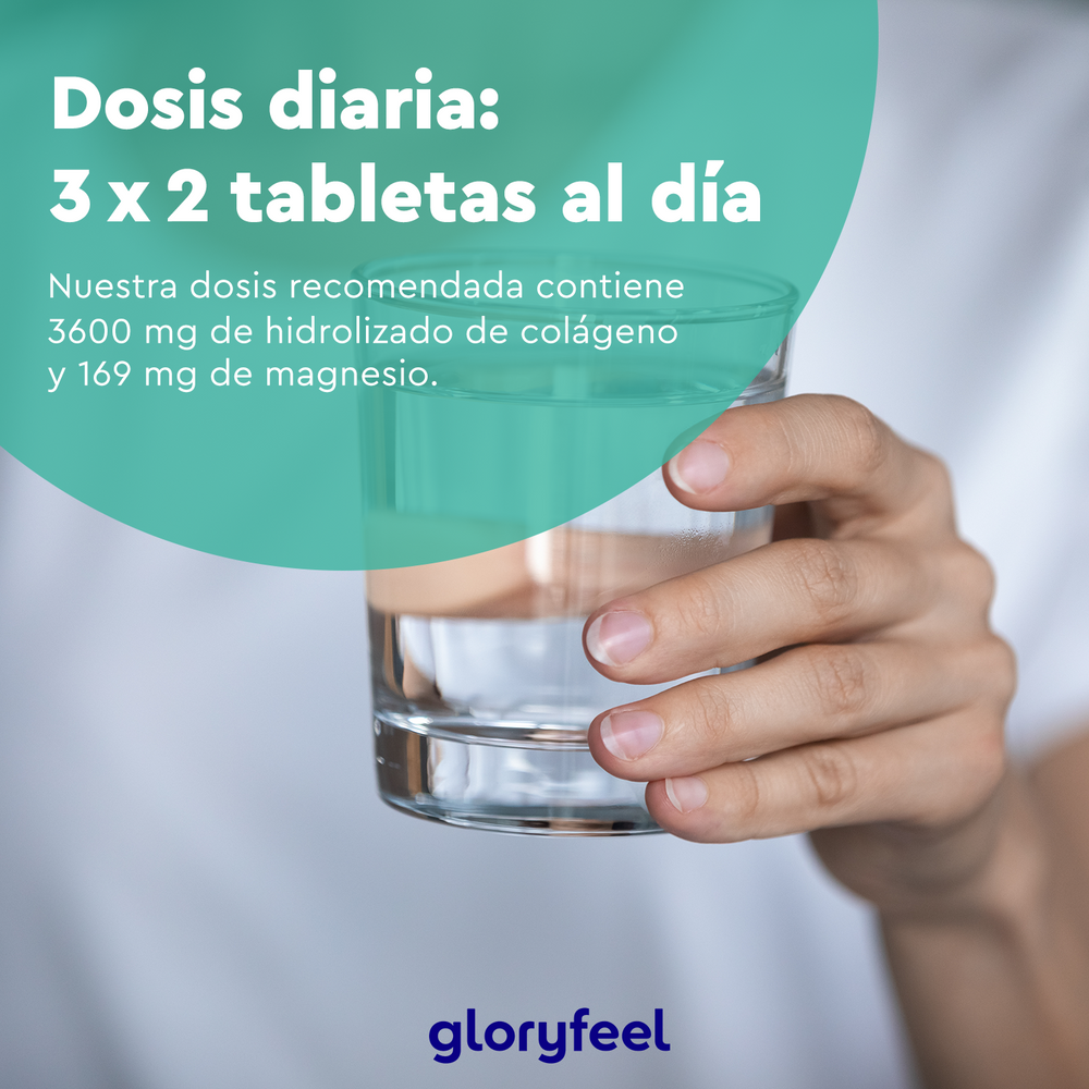 Una mano sostiene un vaso de agua junto a un texto que detalla una dosis diaria de 3x2 comprimidos, cada uno con 3600 mg de colágeno hidrolizado y 169 mg de magnesio elemental. El logotipo &quot;GloryFeel&quot; de GloryFeel GmbH España aparece en la parte inferior, promocionando su producto Colágeno con magnesio - 450 Comprimidos.