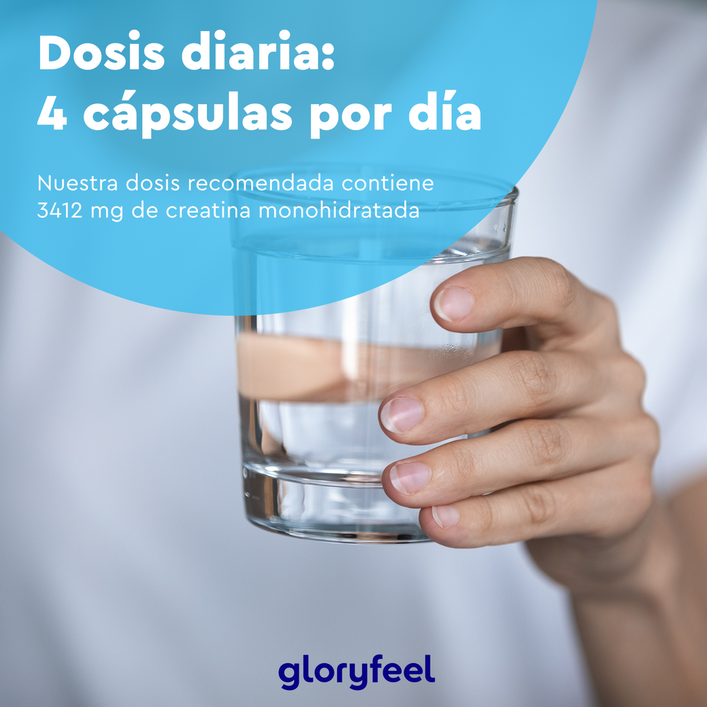 Una mano sostiene un vaso de agua con el texto superpuesto: «Dosis diaria: 4 cápsulas al día. Nuestra dosis recomendada contiene 3412 mg de creatina pura para potenciar tu rendimiento físico». Logotipo: gloryfeel GmbH Creatina - del monohidrato de creatina.