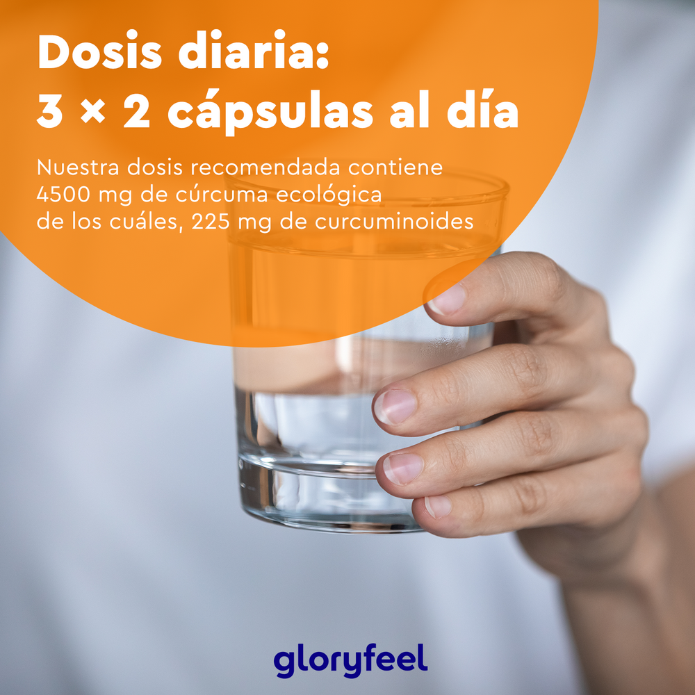 Se muestra una persona con un vaso de agua junto a un texto que recomienda una dosis diaria de 3x2 cápsulas de Bio Cúrcuma en cápsulas de GloryFeel GmbH España, que proporciona 4500 mg de curcumina y 225 mg de potentes antioxidantes para obtener beneficios óptimos para la salud.