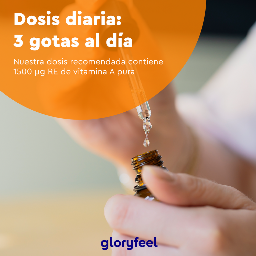 Primer plano de una persona con un gotero y un frasco pequeño, con un texto que recomienda que 3 gotas aporten 1500 µg de RE de vitamina A pura con palmitato de retinilo. Producto: Vitamina A en gotas de GloryFeel GmbH, España.