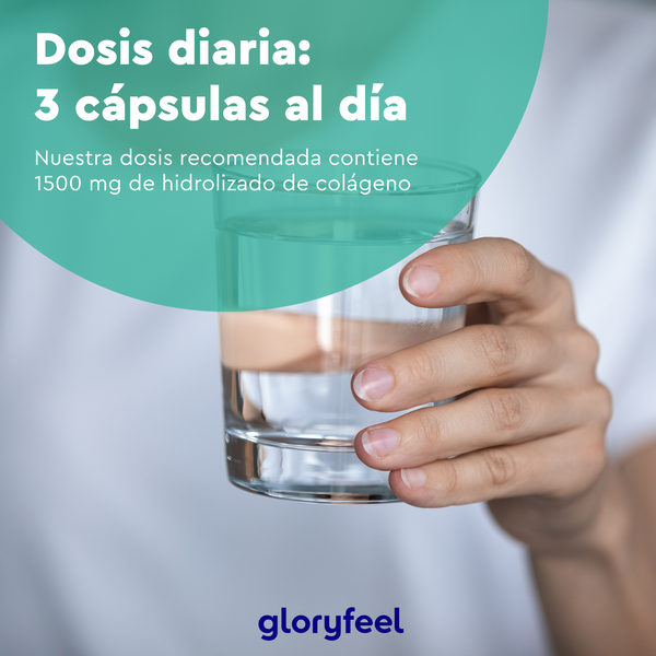 Una mano sostiene un vaso de agua, con una superposición de texto en español que resalta una dosis diaria de 3 cápsulas que contienen 1500 mg de péptidos de Colageno Marino Hidrolizado de GloryFeel.