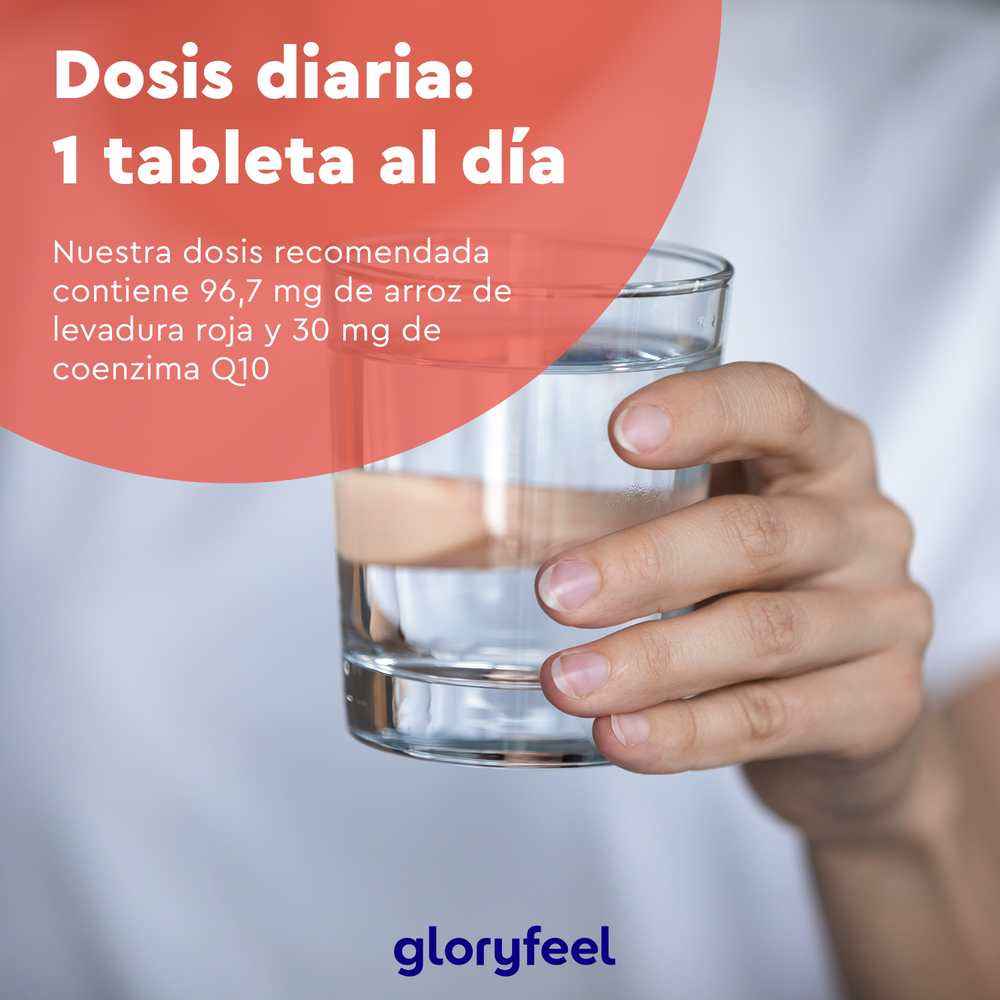 Una mano sostiene un vaso de agua junto a un texto que recomienda una tableta diaria de &quot;Levadura Roja de Arroz con Coenzima Q10&quot; de GloryFeel GmbH España.