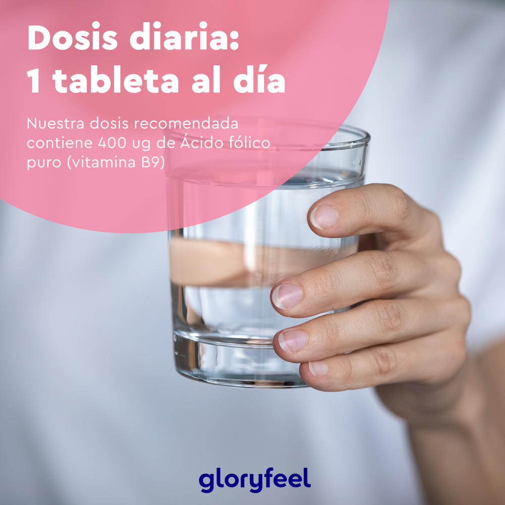 Una mano sostiene un vaso de agua. El texto en español del recuadro sugiere tomar una tableta diaria de Ácido Fólico (Vitamina B9) de Gloryfeel GmbH, 400 µg, en comprimidos fáciles de tragar.
