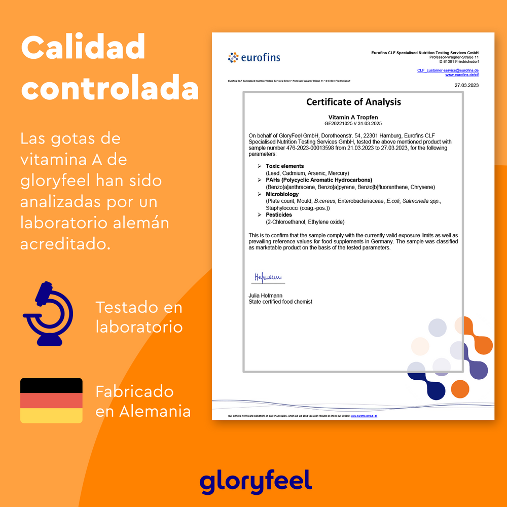 Certificado de análisis de la vitamina A en gotas de GloryFeel GmbH España, procedente de Alemania, con palmitato de retinilo sobre fondo naranja. Entre sus características destacan las credenciales de pruebas de laboratorio y el uso de aceite de coco MCT para una formulación óptima.