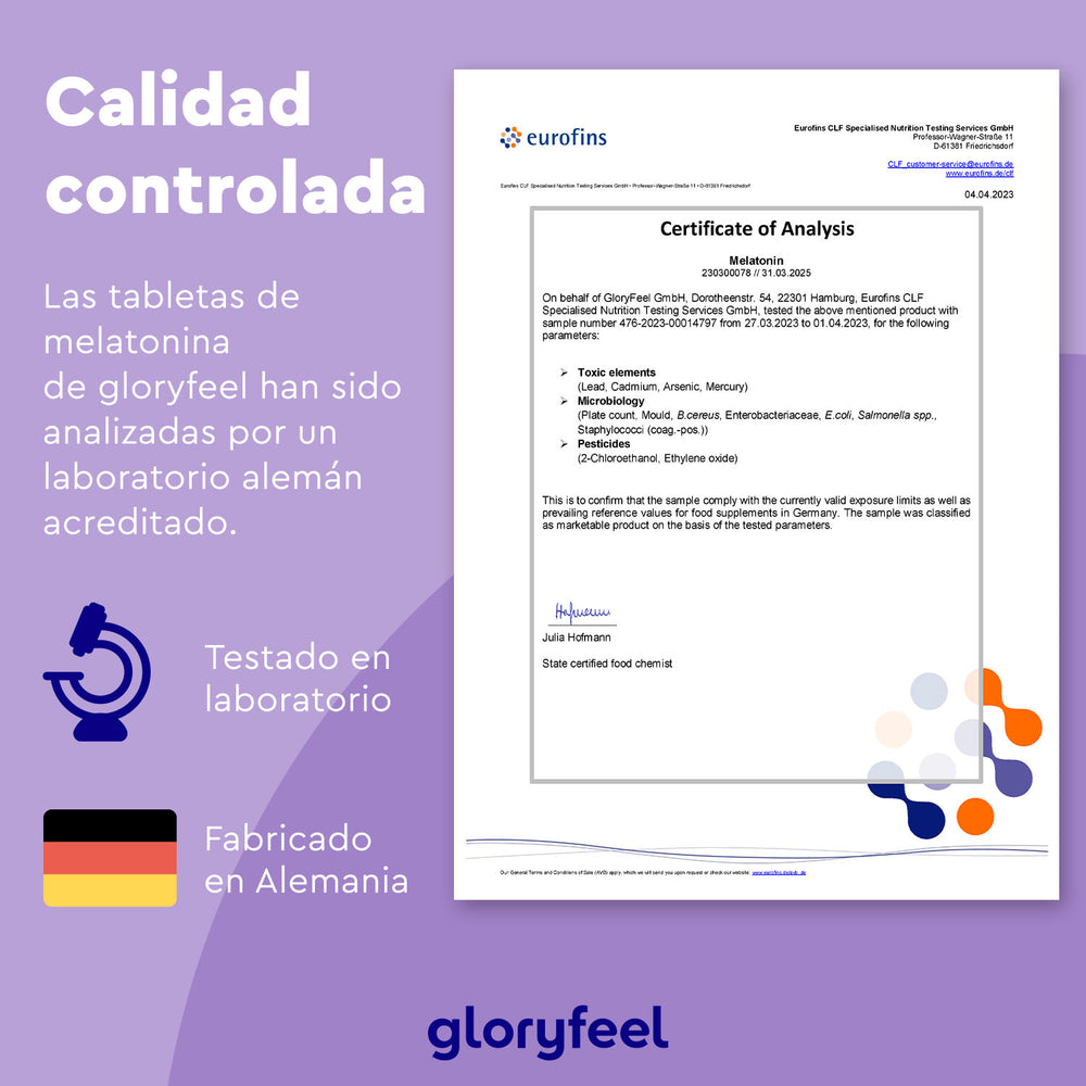 El Certificado de Análisis presenta un fondo morado y confirma que Melatonina 400 Tabletas de GloryFeel GmbH España fueron probadas para su eficacia contra el insomnio en un laboratorio alemán, mostrando el logotipo de Eurofins en la parte superior y el logotipo de Gloryfeel en la parte inferior.