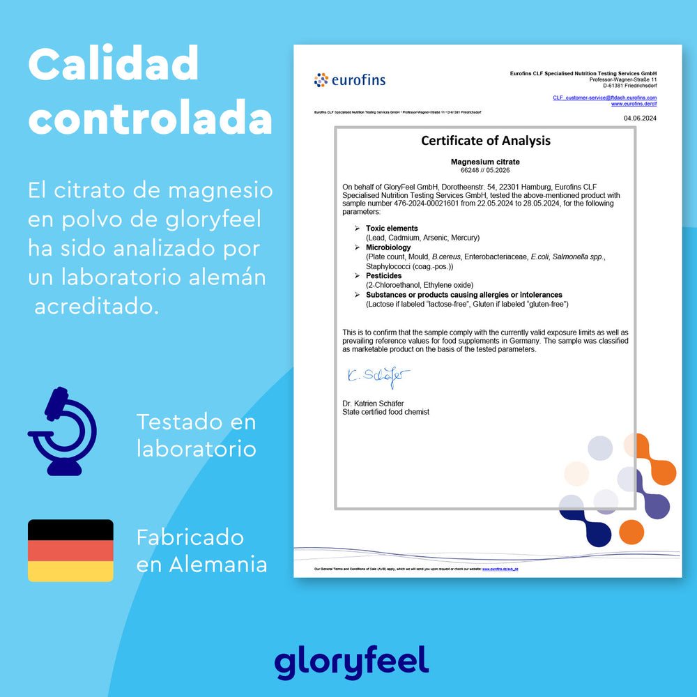 Imagen del Certificado de Análisis para Magnesio en polvo de Gloryfeel GmbH de España, probado en Eurofins. Presenta un ícono de matraz de laboratorio y dice &quot;Testado en laboratorio&quot; y &quot;Fabricado en Alemania&quot;.