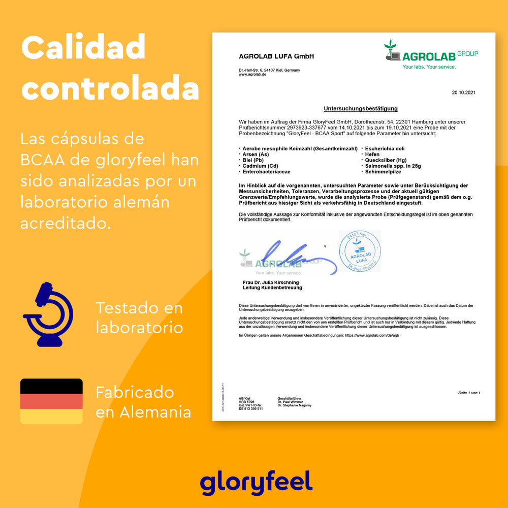 El certificado de AGROLAB LUFA GmbH garantiza el control de calidad de &quot;BCAA en cápsulas&quot;, enriquecido con leucina, de GloryFeel GmbH España. Presenta iconos de pruebas de laboratorio y fabricación alemana sobre fondo amarillo con texto en español.