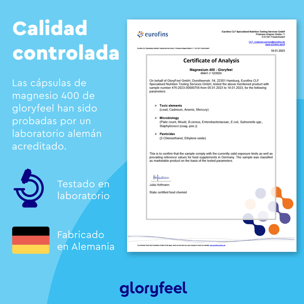 Texto promocional para Magnesio en cápsulas de Gloryfeel GmbH, elaborado con óxido de magnesio y probado en laboratorio alemán. Incluye imagen del certificado de análisis e íconos que destacan pruebas y fabricación alemana. Perfecto para el apoyo a la salud ósea.