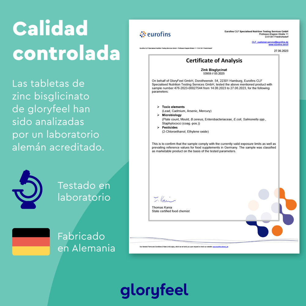 Un Certificado de Análisis se coloca sobre una superficie azul con texto en español que detalla el &quot;Bisglicinato de zinc en tabletas&quot; de GloryFeel GmbH, probado en laboratorio y fabricado en Alemania. Estos suplementos alimenticios favorecen el metabolismo, garantizando su calidad y eficacia.