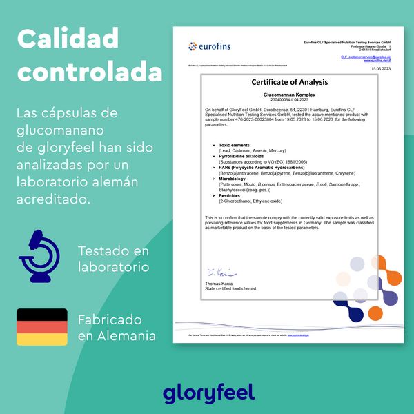 Imagen de un Certificado de Análisis en español de Eurofins, que detalla el control de calidad del Glucomanano - Raíz de Konjac de Gloryfeel GmbH. Destaca las pruebas de laboratorio y la fabricación alemana de precisión.