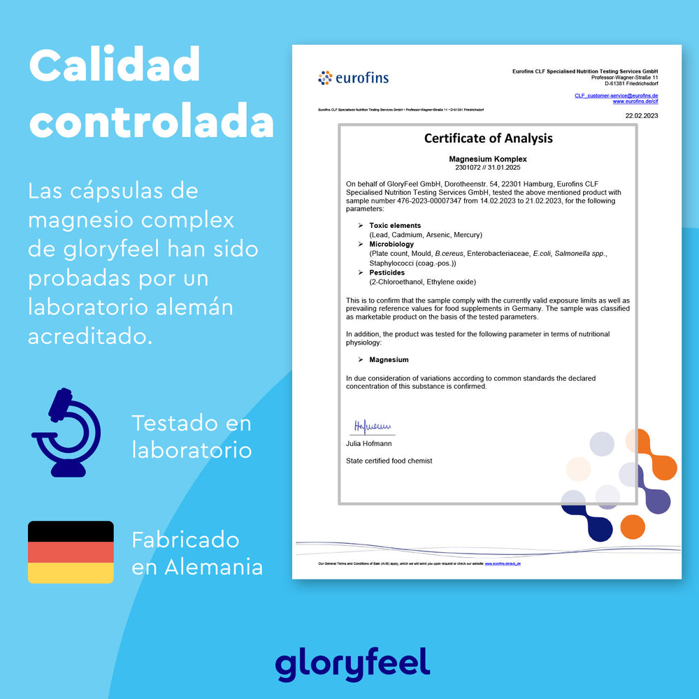 Un &quot;Certificado de Análisis&quot; de Eurofins detalla las pruebas de laboratorio realizadas a las cápsulas Magnesio Complex de Gloryfeel GmbH. Originario de Alemania, el documento destaca su rápida absorción y sus beneficios para el sistema nervioso.